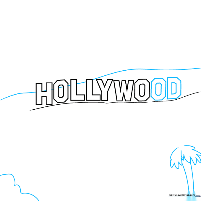 Sketch of the mountain peak behind the sign with a palm tree trunk added in the foreground.