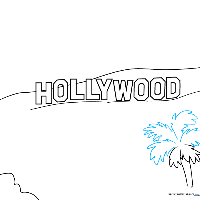 Close-up of the palm tree leaves being drawn with jagged, U-shaped lines.