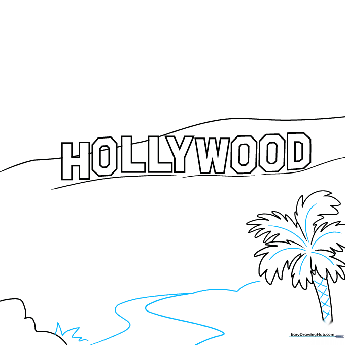 Drawing showing the textured palm trunk, distant lake outline, and foreground grass tufts.