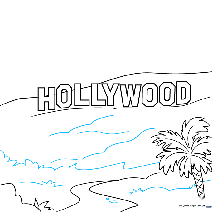 Sketch showing added mountain ridges and small circular ripples in the lake.