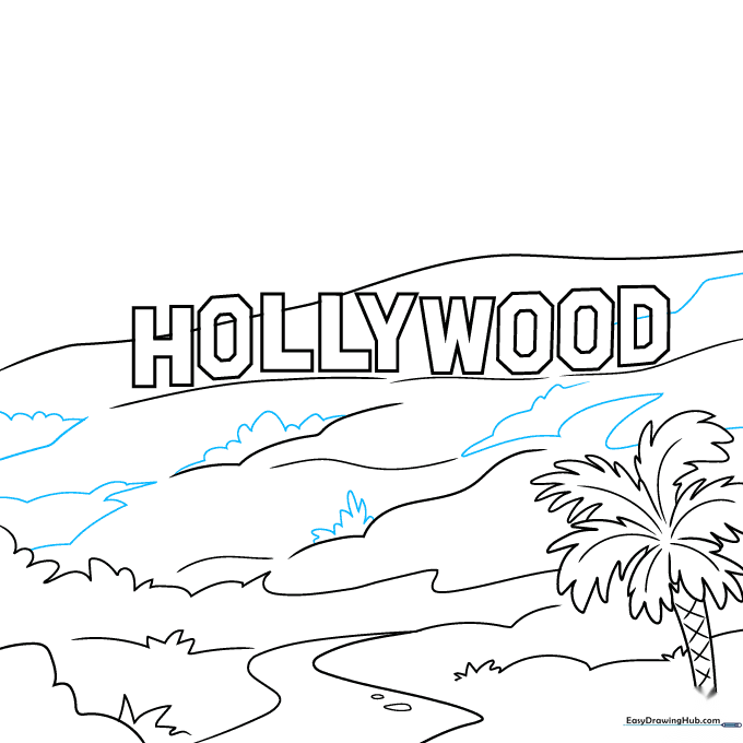 Drawing showing additional mountain ridges and clusters of bushy vegetation.