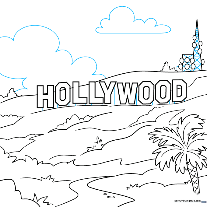Final line art showing the complete Hollywood sign with support structures and clouds.