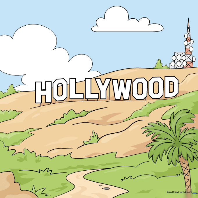 Finished, colored drawing of the Hollywood sign with a blue sky and rocky mountain terrain.