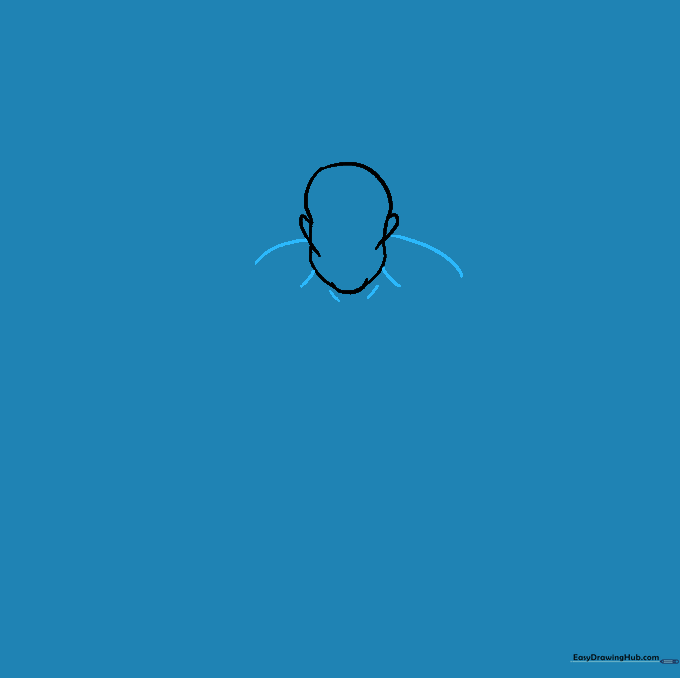Drawing the Hulk's broad shoulders and neck structure using curved lines.