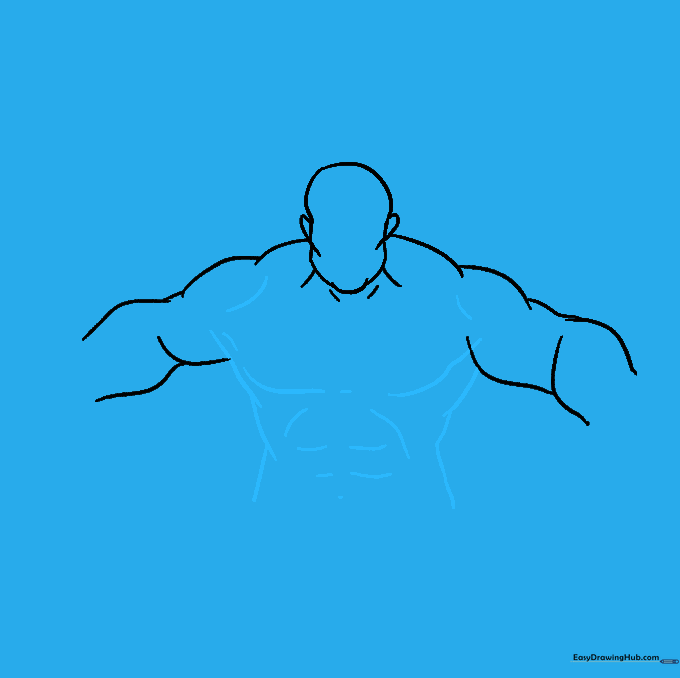 Adding detail to the Hulk's chest and abdominal muscles with curved lines.
