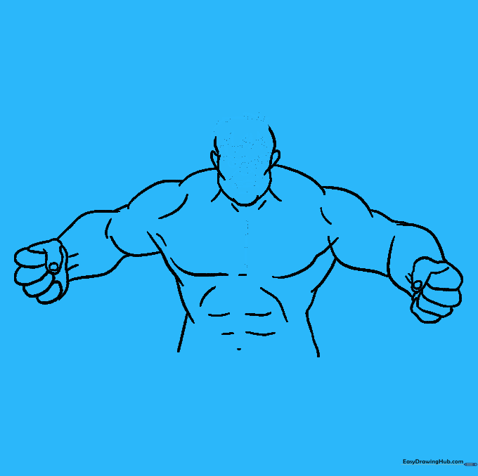 Adding the Hulk's facial features: jagged hair, angry eyebrows, and a determined mouth.