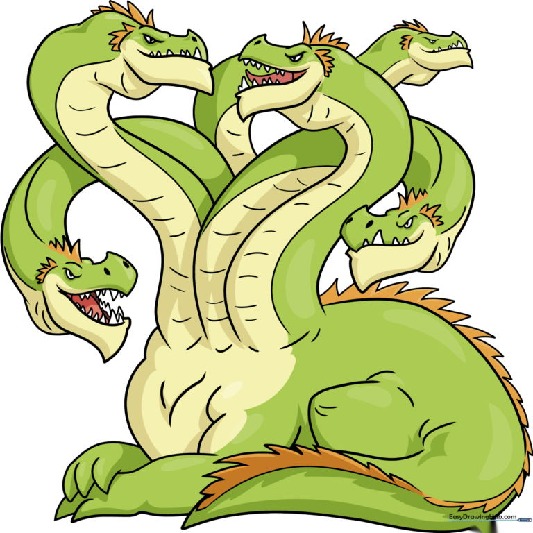 Colorful, finished illustration of a multi-headed Hydra from Greek mythology.