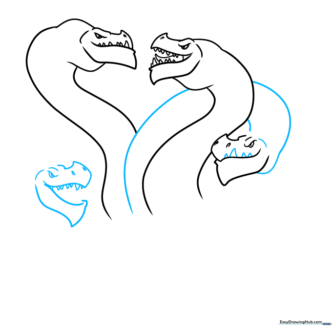 Sketching a fourth Hydra head with a wide-open, roaring mouth.