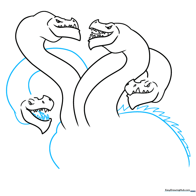 Drawing the Hydra's central body and adding jagged scale details along the back.