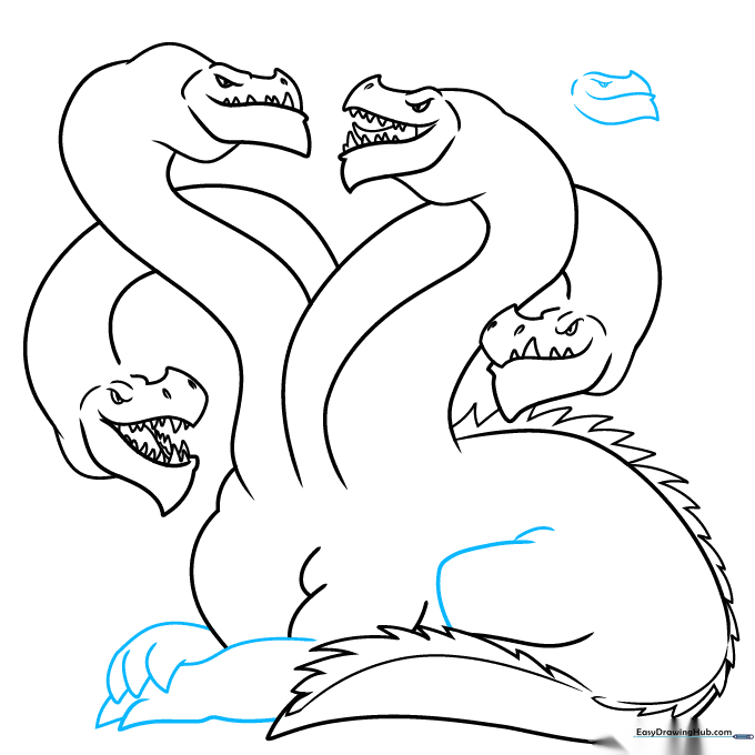 Adding a background head and clawed feet to the Hydra drawing.