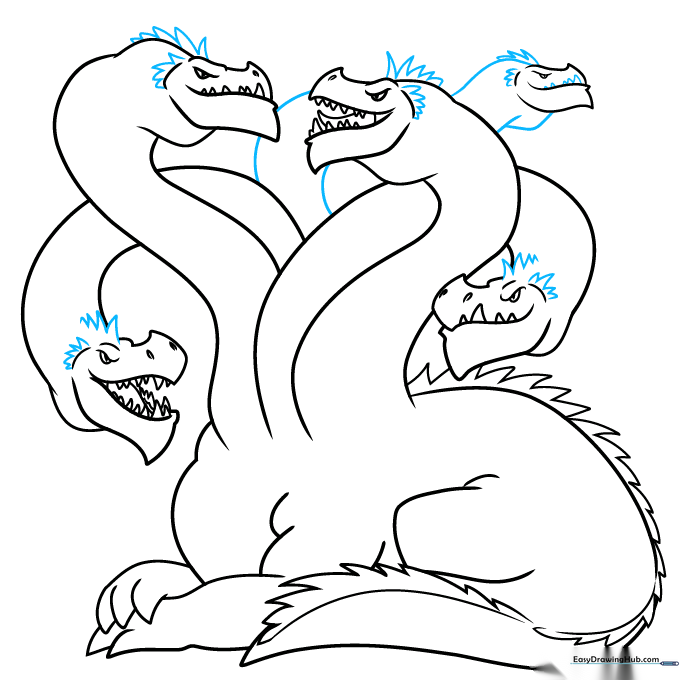Detailing the necks and adding final scale spikes to the Hydra's heads.
