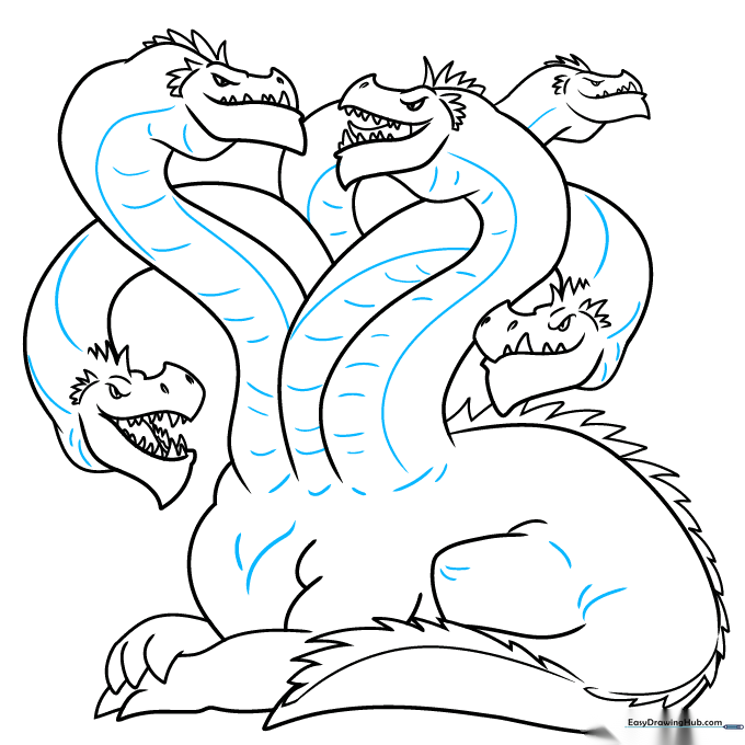 Final line art of the Hydra with texture details added to the body and necks.