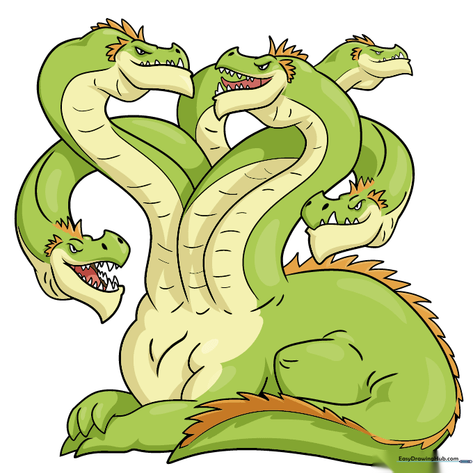 Fully colored Hydra drawing with green skin, orange scales, and pink mouth details.