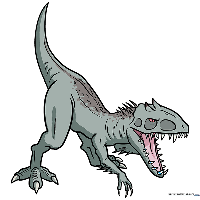 Finished, colored Indominus Rex drawing with gray skin tones.