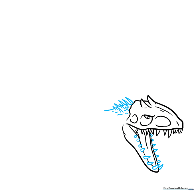 Indominus Rex drawing showing the addition of lower teeth and neck spikes.