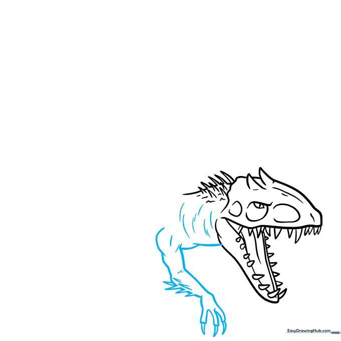 Sketch of the Indominus Rex arm with sharp claws and textured shoulder muscles.
