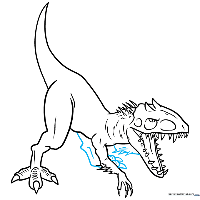Indominus Rex drawing showing the second leg and the throat vocal sac.