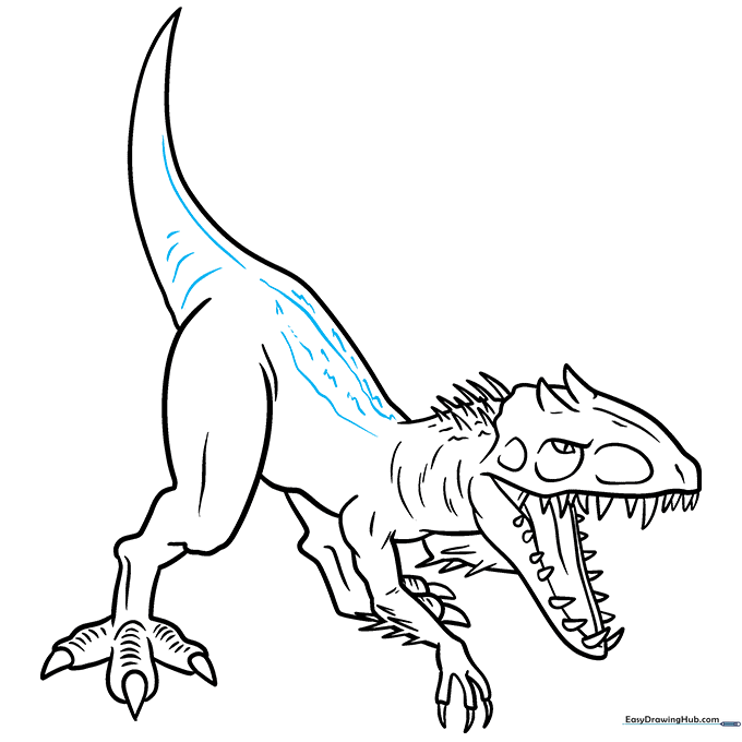 Indominus Rex drawing with added skin texture lines along the back and tail.