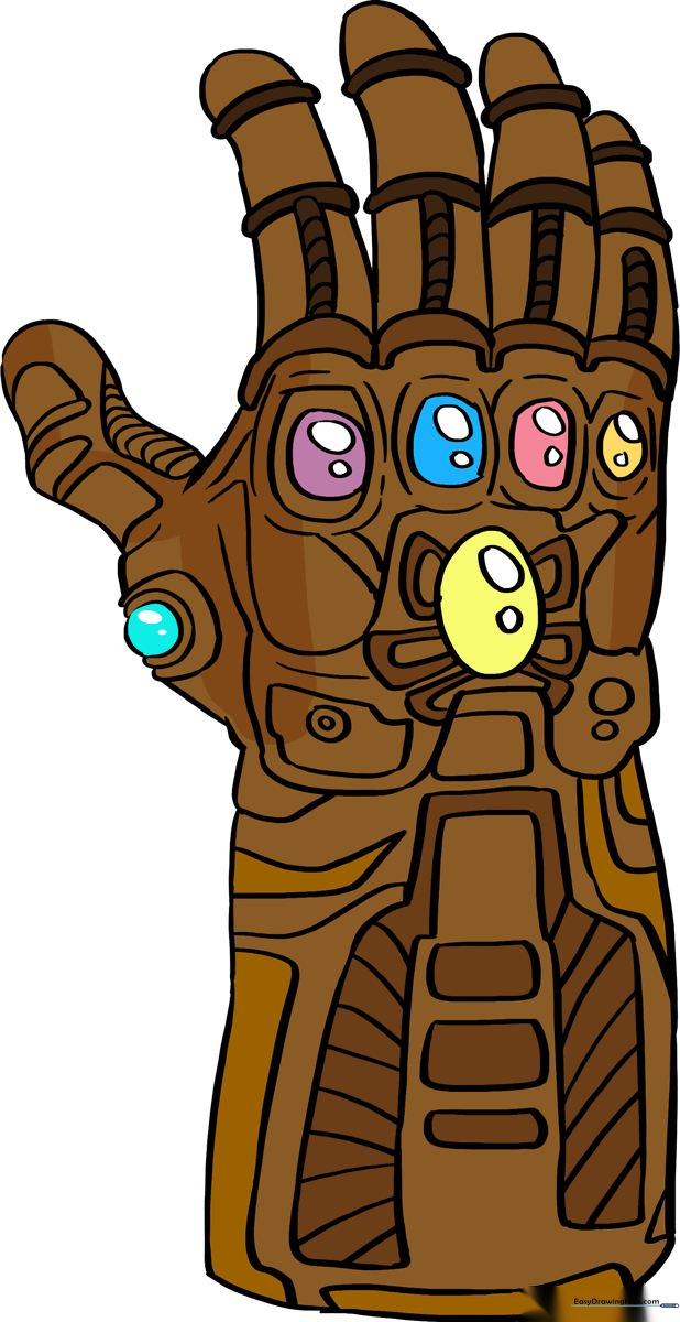 Finished Infinity Gauntlet drawing with vibrant colors and metallic gold shading.