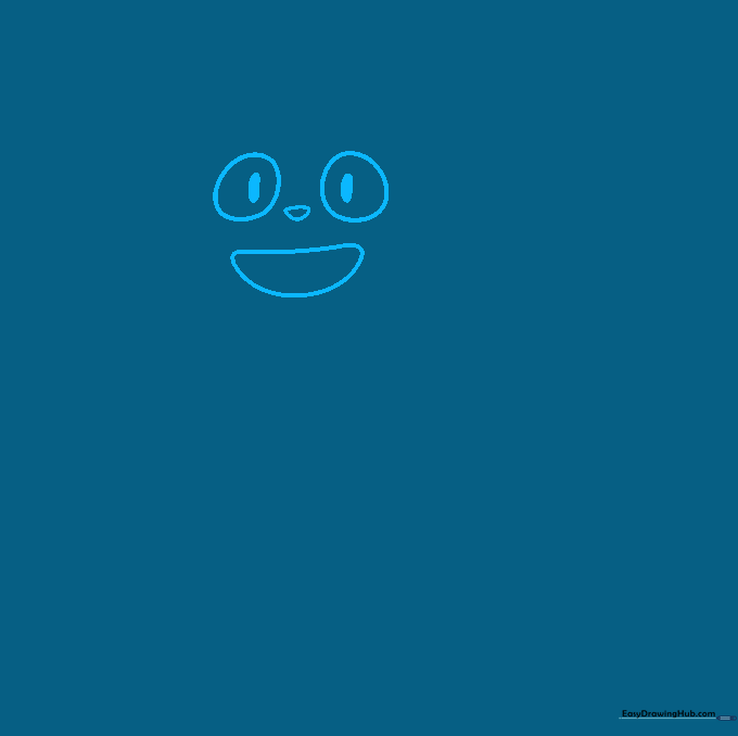 Line drawing showing Jiji's large circular eyes, pupils, triangular nose, and curved mouth.