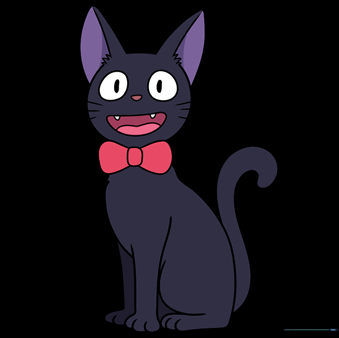 Final colored drawing of Jiji the cat with a black body and a red bowtie.