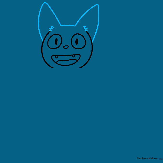 Drawing showing the addition of large triangular ears with zigzag fur details inside.