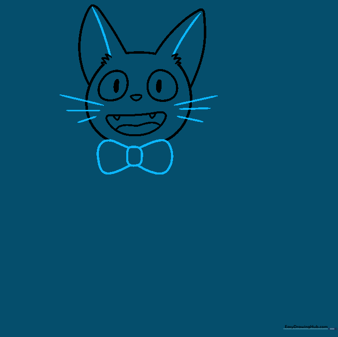 Drawing showing the addition of whiskers on the cheeks and a simple bowtie under the chin.