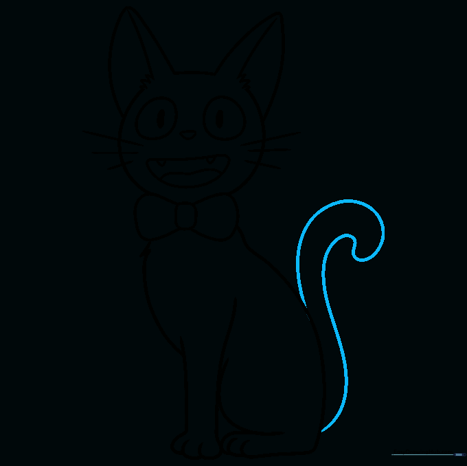 Drawing showing the addition of a long, curved tail extending from the cat's back.