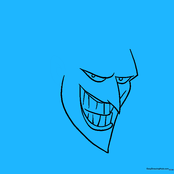 Drawing the ear on the side of the Joker's head with inner ear details.
