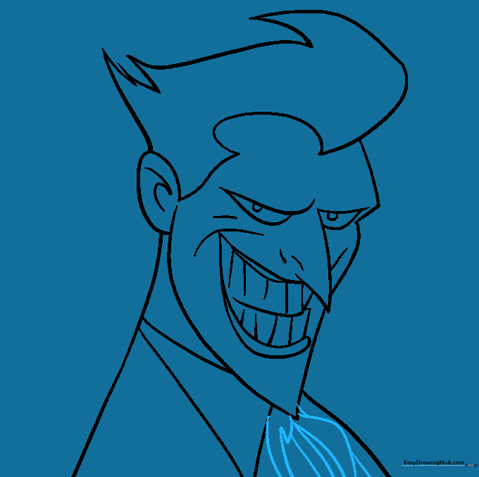 Drawing the Joker's signature floppy bow tie beneath his collar.