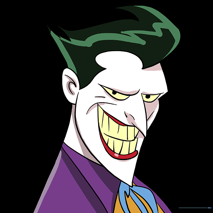 The finished, colored Joker drawing featuring his signature green hair and red lips.