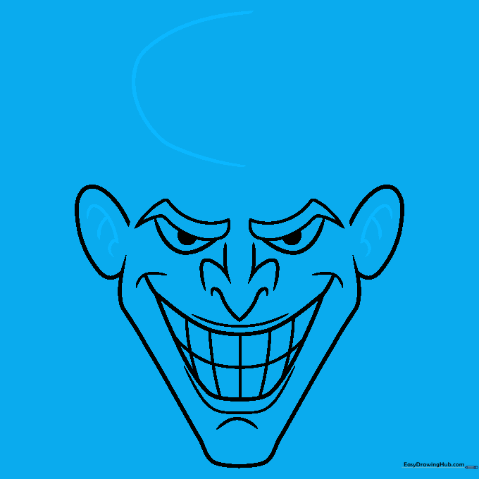 The Joker's head outline with added ear details and a large, sweeping curved line starting the hair.