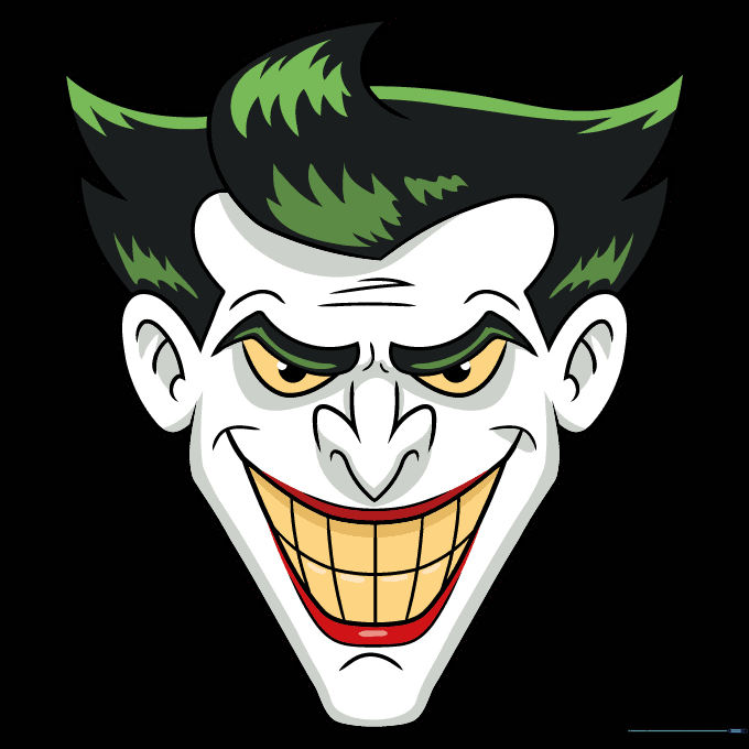 The fully colored Joker's face, featuring his signature green hair, pale skin, red lips, and yellow teeth.