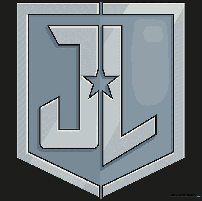 The final colored Justice League logo with metallic grey shading.