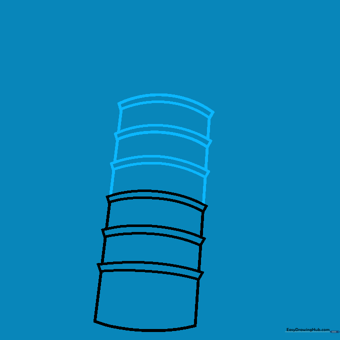 Drawing the middle sections of the tower by stacking more curved rectangles and trapezoids.