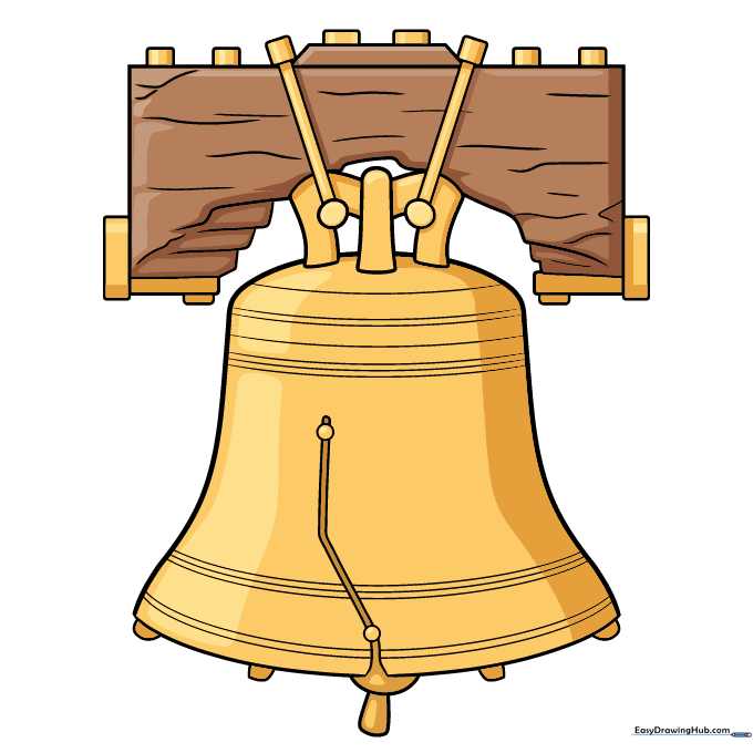 Finished, colored drawing of the Liberty Bell with bronze and wood tones.