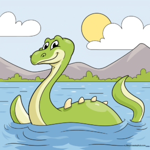 Colorful, completed illustration of the Loch Ness Monster in the water.