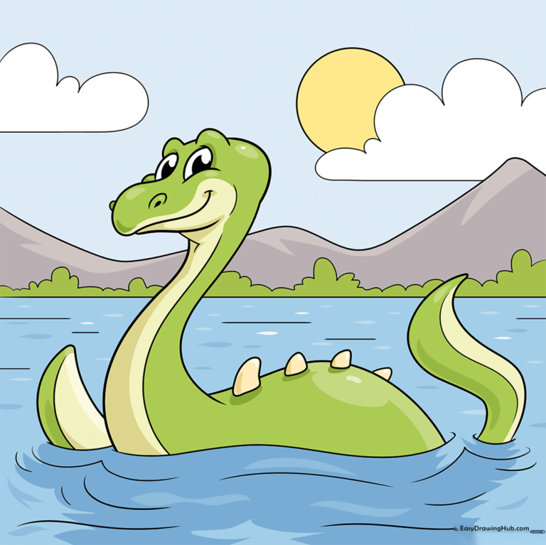 Colorful, completed illustration of the Loch Ness Monster in the water.