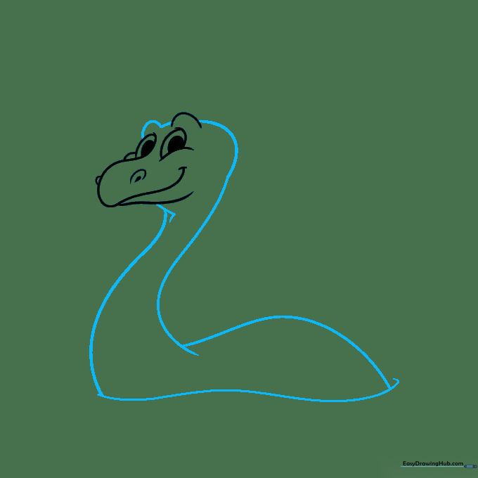 Drawing the long neck and rounded body of the monster emerging from wavy water lines.
