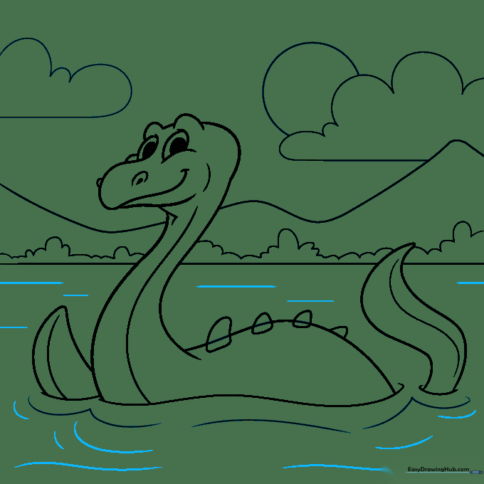 Final ink outline of the Loch Ness Monster with filled-in eyes and nostrils.