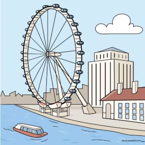 Colorful, completed drawing of the London Eye with a river and city background.