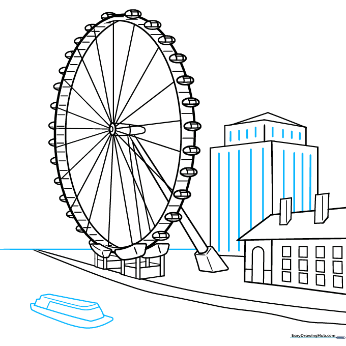 Sketching a riverboat on the water in front of the London Eye.
