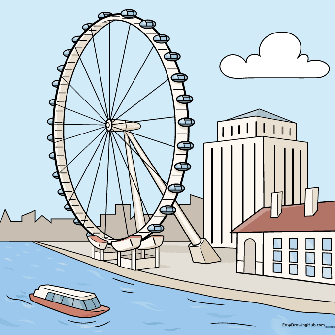 A fully colored and detailed drawing of the London Eye scene.