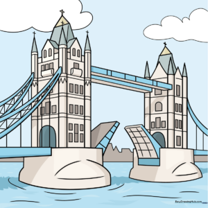 A colorful and detailed illustration of the London Tower Bridge.