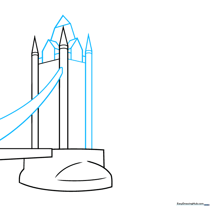 Adding the second tower and geometric side structures to the bridge drawing.