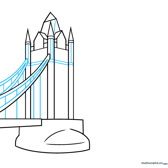 Drawing the suspension cables and structural bands on the bridge towers.
