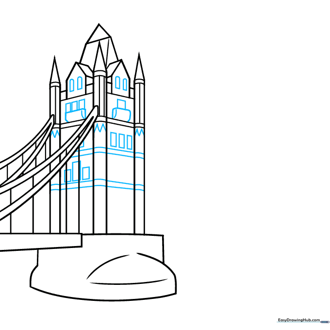 Detailing the bridge towers with windows and stone texture patterns.