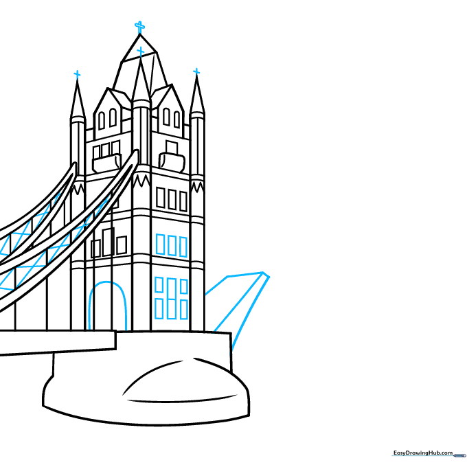 Adding the main arched entrance and cross details to the bridge towers.