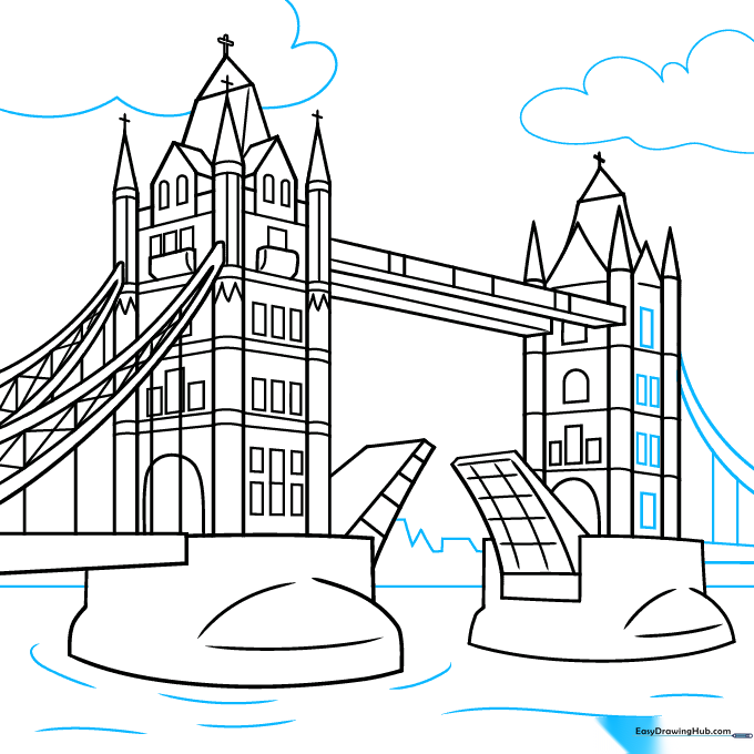 Adding skyline, clouds, and water textures to complete the scene.