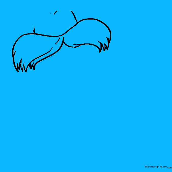 Detailed facial features including bushy eyebrows, circular eyes with pupils, and a nose added to the Lorax sketch.